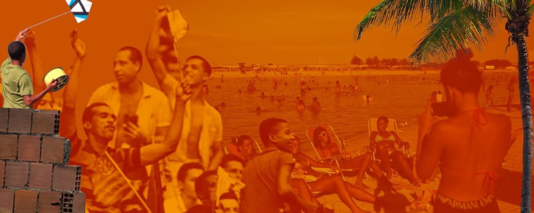 Colagem em tons de laranja: à esquerda, jovem com pipa carretel de linha; ao centro, torcedores do Flamengo sobrepostos; praia lotada ao fundo com banhistas e pessoas sob guarda-sóis; à direita, mulher de biquíni perto de uma palmeira.